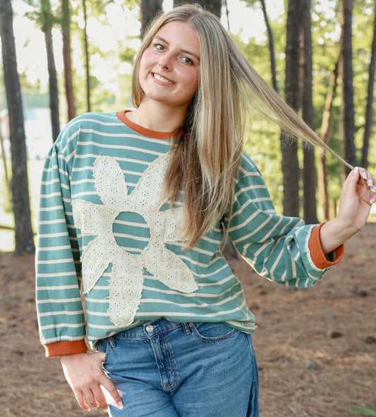 Jodifl Eyelet Floral Patched Stripe Top