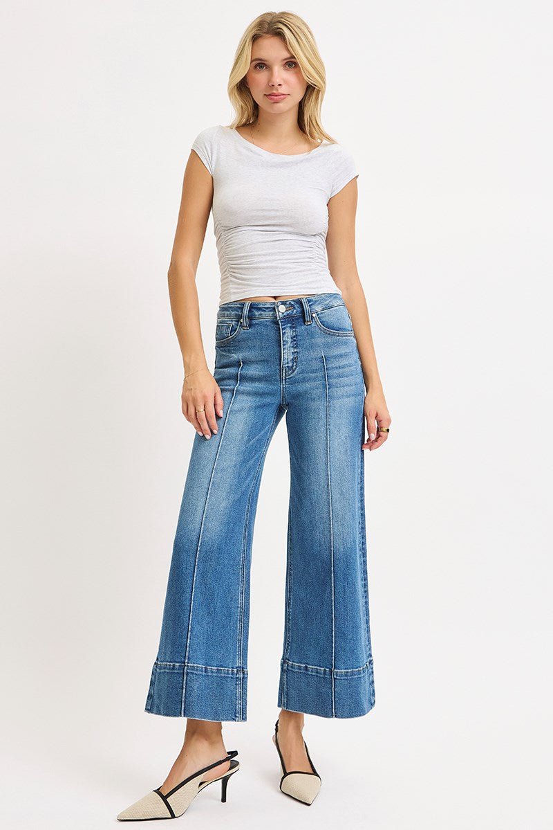 RISEN JEANS TUMMY CONTROL MID RISE CROP WIDE PINTUCK FRONT JEANS