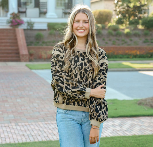 Umgee Leopard Print Pullover Sweatshirt