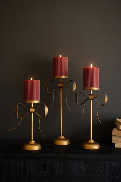 Kalalou Antique Brass Pillar Candle Stands with Bow Detail
