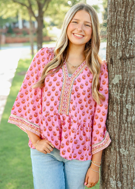 Mary Square  Top Monroe Floral Foulard Pink