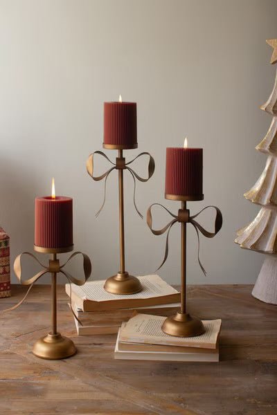 Kalalou Antique Brass Pillar Candle Stands with Bow Detail