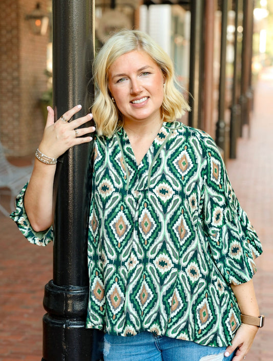 Umgee Boho Geo Print Ruffle Sleeve Top