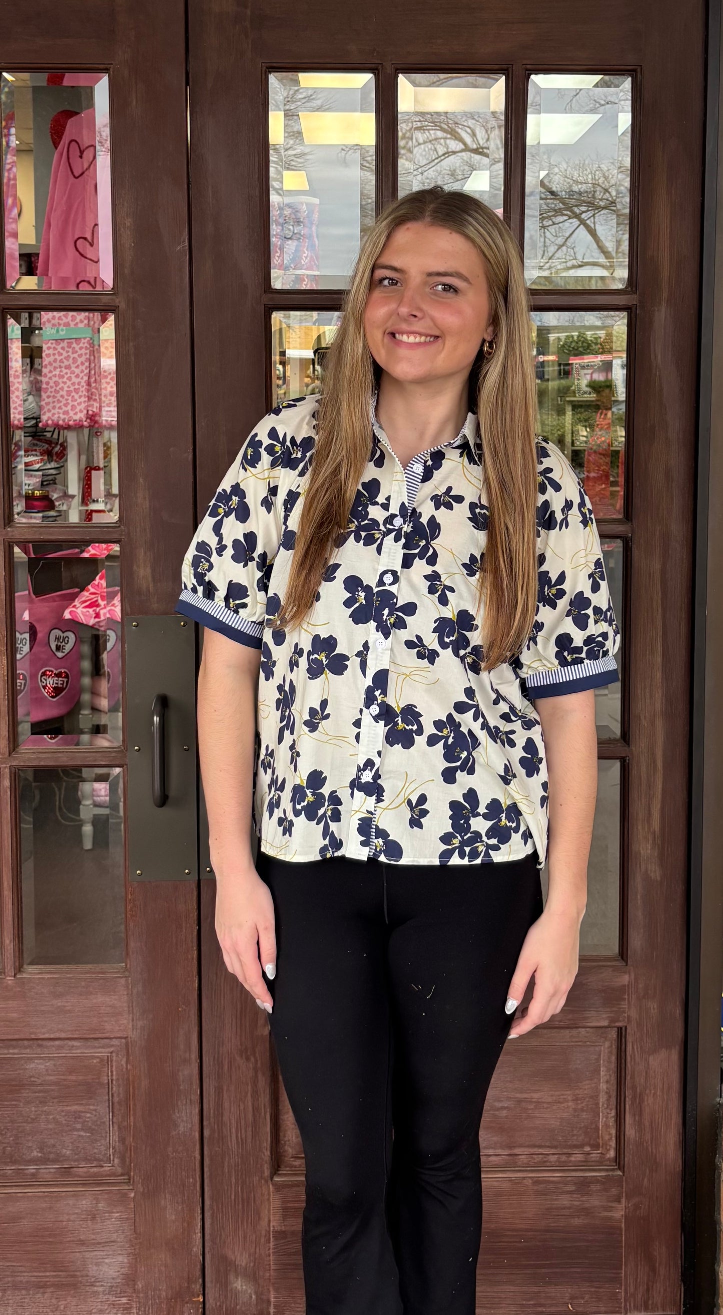She + Sky Navy Floral Button Down Top