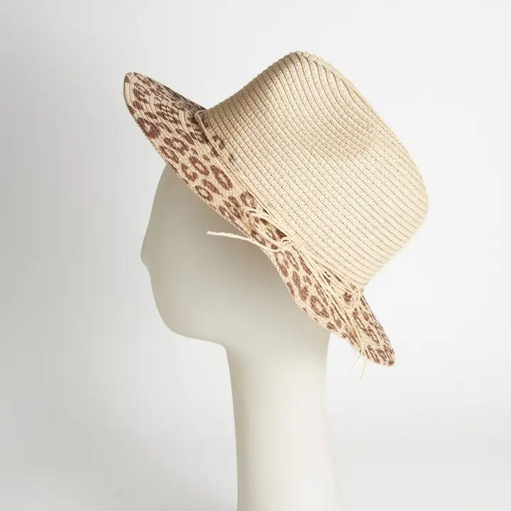 Fedora Hat Michela Leopard Print Brim Panama-Ivory