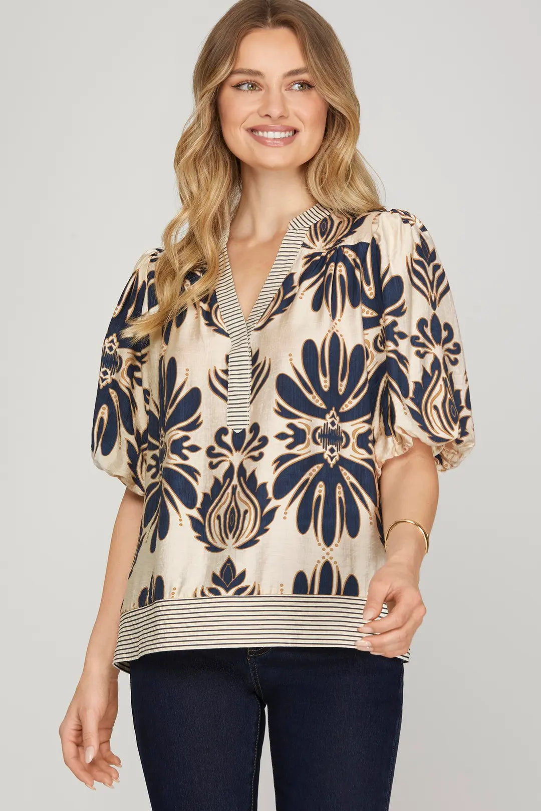 She + Sky Bubble Sleeve Printed Woven Top