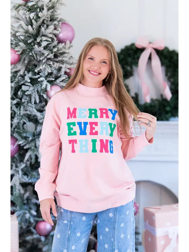 GRACE + EMMA "Merry Everything" On Mock Neck Sweatshirt, Light Pink