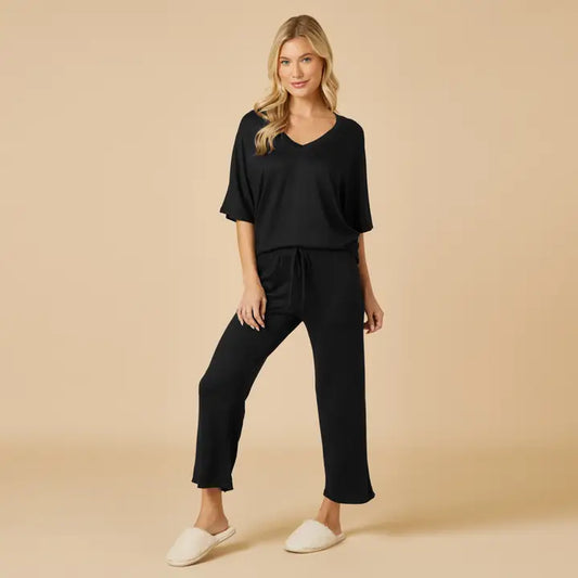 Softies Dream V-Neck Capri Lounge Set – Buttery Soft 2-Piece-Black