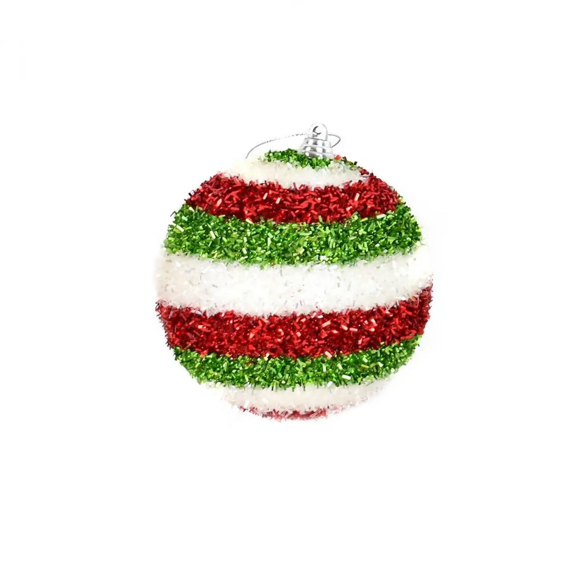 David Christopher's 4" Horizontal Stripe Cut Tinsel Ball Ornament -White/Red/Gr