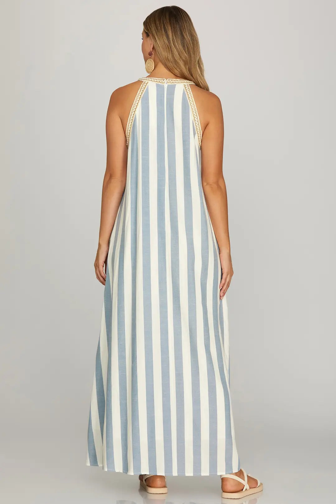 SHE + SKY HALTER NECK WITH TRIM STRIPE WOVEN A LINE MAXI DRESS WITH POCKETS-NAVY