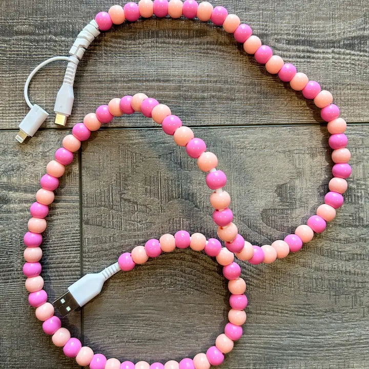 Beaded Phone Charger with Lightning & Usb-C Cable-Pink and Coral