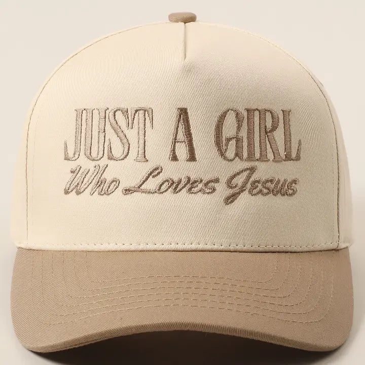 Just A Girl Who Loves Jesus Embroidery Trucker Hat-Beige