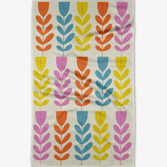 Geometry Folk Art Tulips Tea Towel