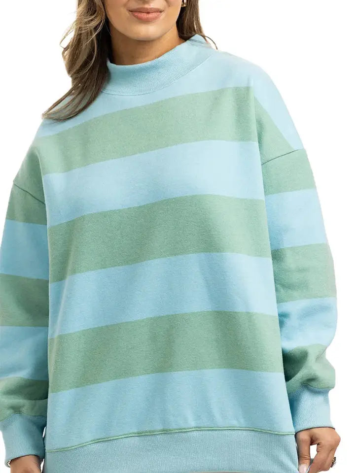 Katydid Aqua and Green Striped Mockneck Sweatshirt Women