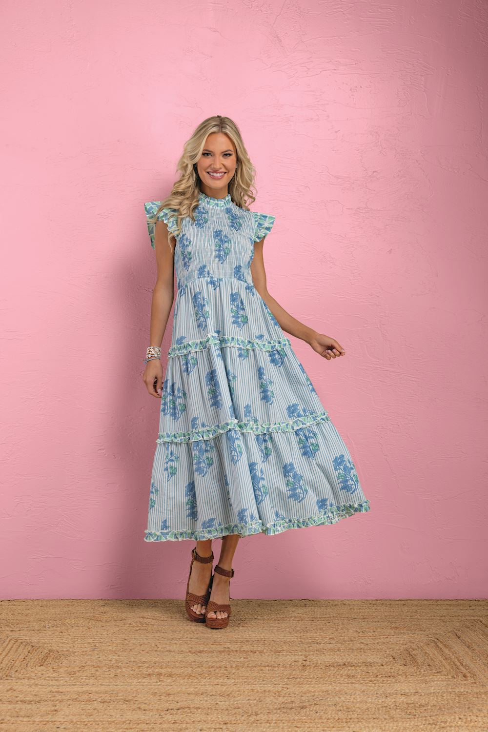 MUD PIE PERIN SMOCKED MIDI DRESS-BLUE