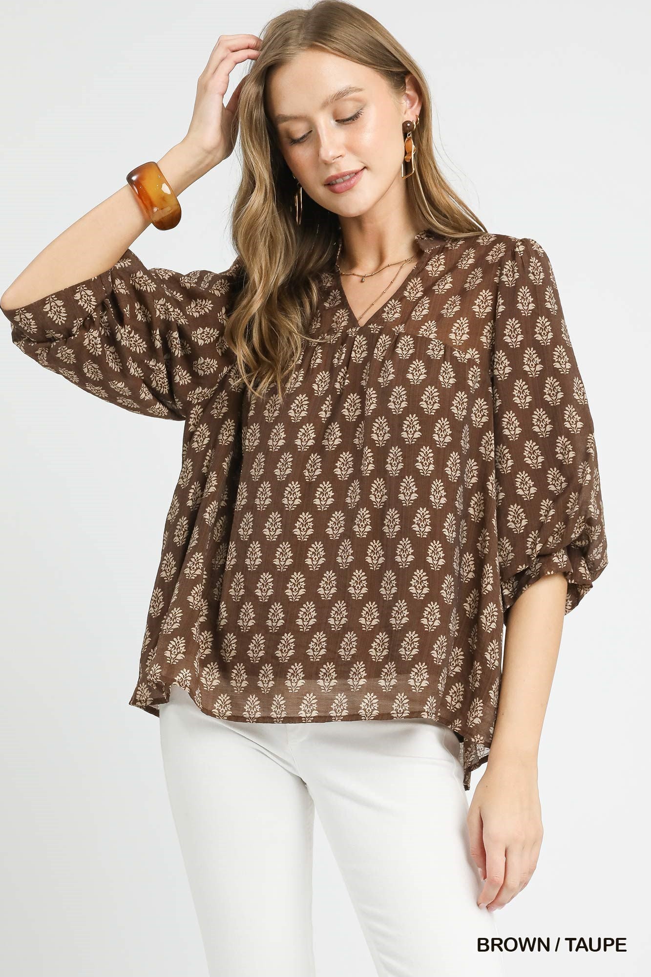 Umgee Floral Print V-Split Blouse