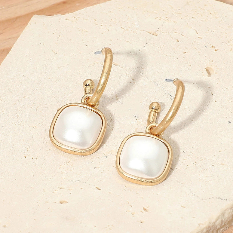 Square Stone Drop Hoop Earrings-White Worn Gold