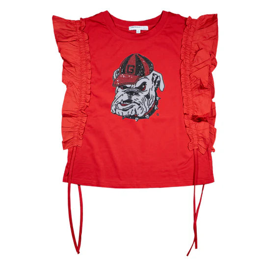 Kickoff Co. Sequin Varsity Ruffle Short Sleeve with Side Ruching in University of Georgia
