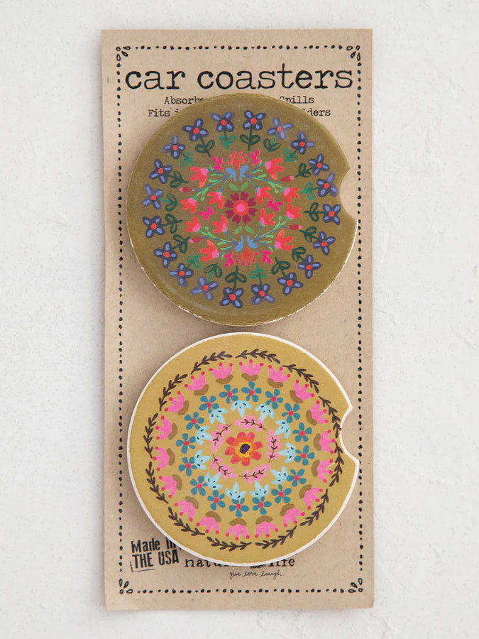 Natural Life Car Coasters, Set of 2-Flower Borders