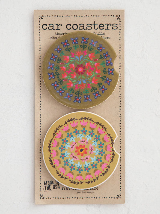 Natural Life Car Coasters, Set of 2-Flower Borders