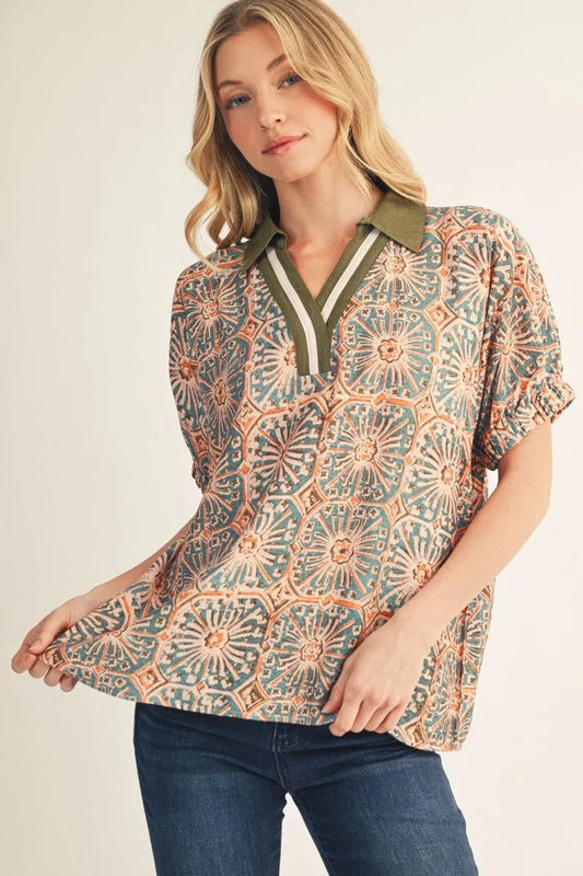 Jodifl Drop Shoulder Boho Print Top