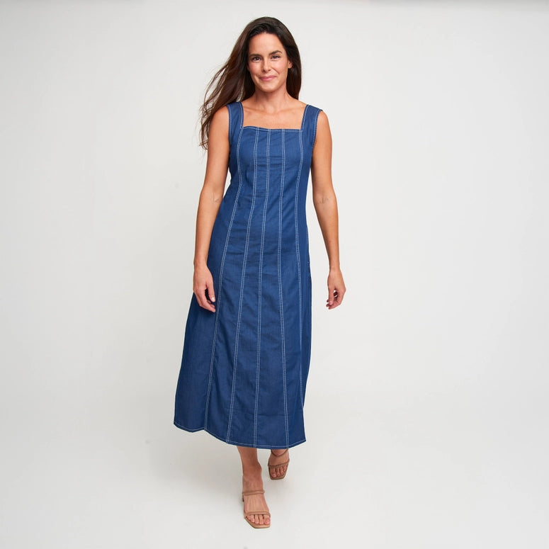 Elsie & Zoey Midi Dress Elle Sleeveless Stretch Denim Square Neck –