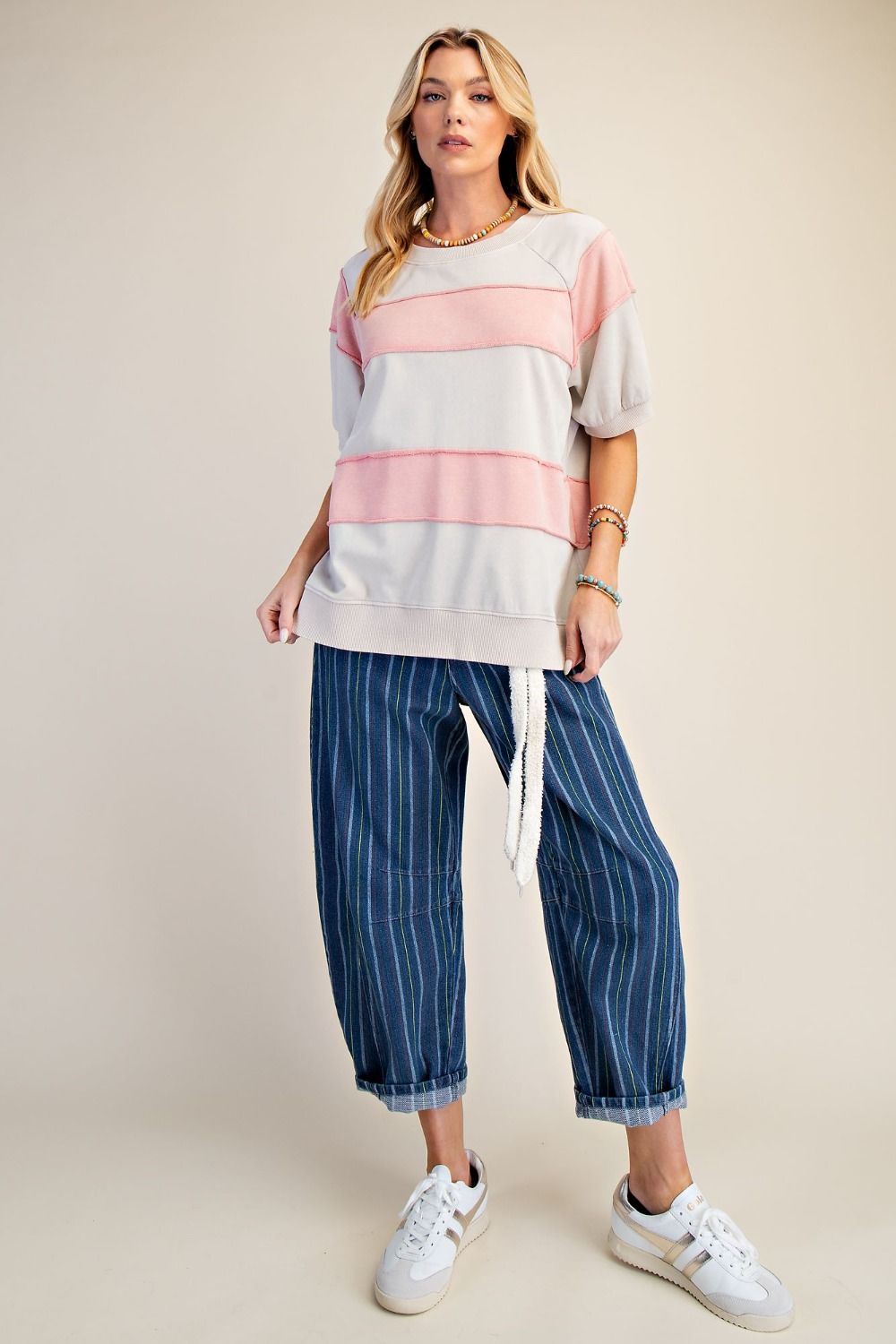 EASEL RUGBY STRIPE MINERAL WASHED BOXY TOP-KHAKI