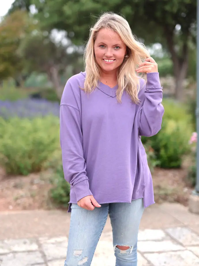 Jadelynn Brooke Oversized French Terry V-Neck Pullover - Deep Plum