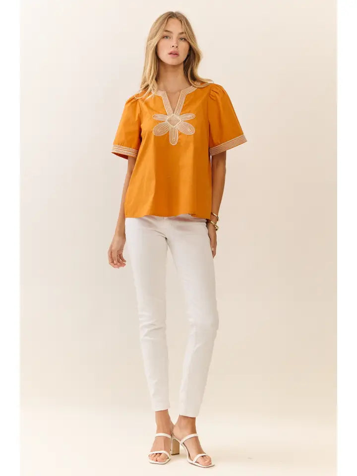 Oddi Embroidered Floral Motif Blouse-Persimmon