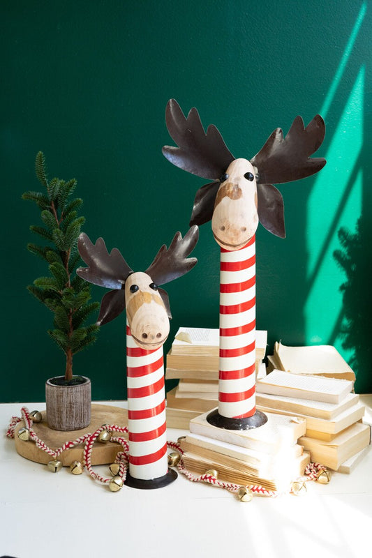 Kalalou Recycled Iron Moose with Red & White Painted Wood Bases