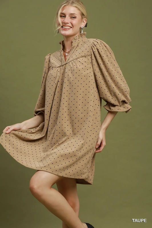 Umgee Swiss Dot Ruffle Neck Babydoll Dress