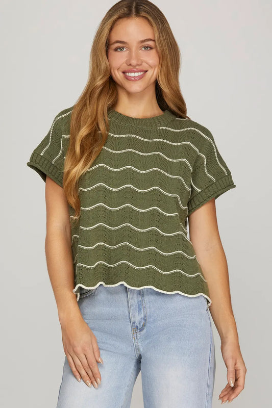 SHE + SKY DROP SHORT SLEEVE SCALLOP STRIPED PATTERN KNIT SWEATER TOP