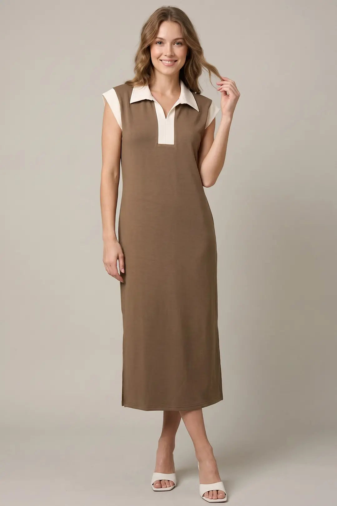 SHE + SKY DROP SHOULDER MIDI DRESS WITH POCKETS