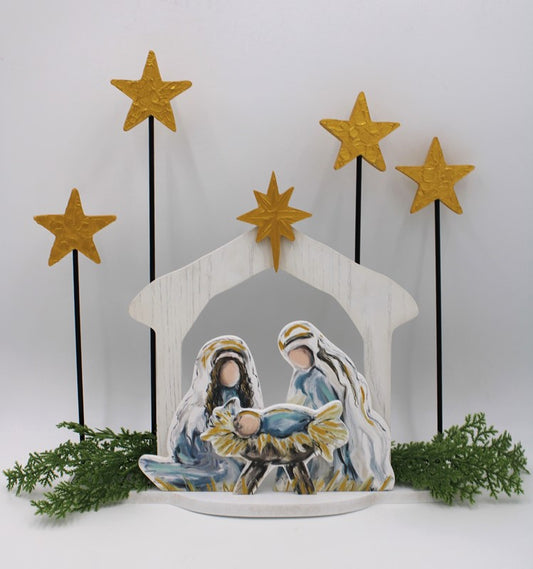 Trade Cie Cutout Wood Nativity w/ Stars, Tabletop, Blue