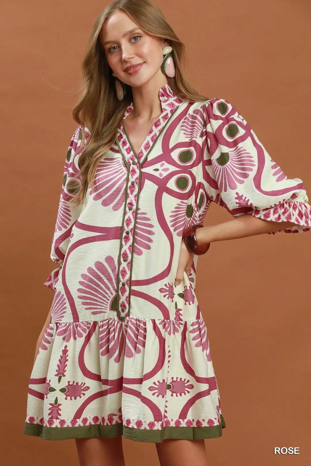 Umgee Abstract Print Button Front Babydoll Dress