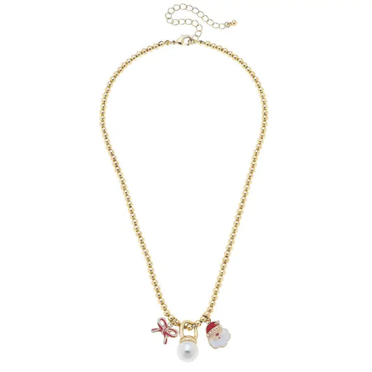 Canvas Style Candy Cane Bow & Santa Claus Ball Bead Necklace