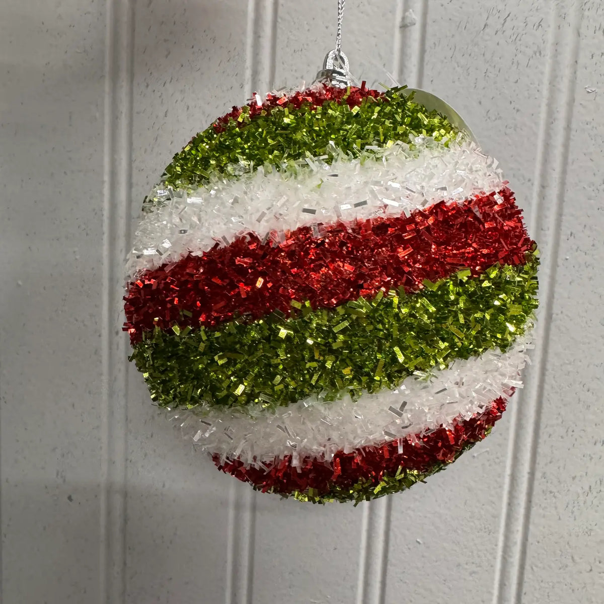 David Christopher's 4" Horizontal Stripe Cut Tinsel Ball Ornament -White/Red/Gr