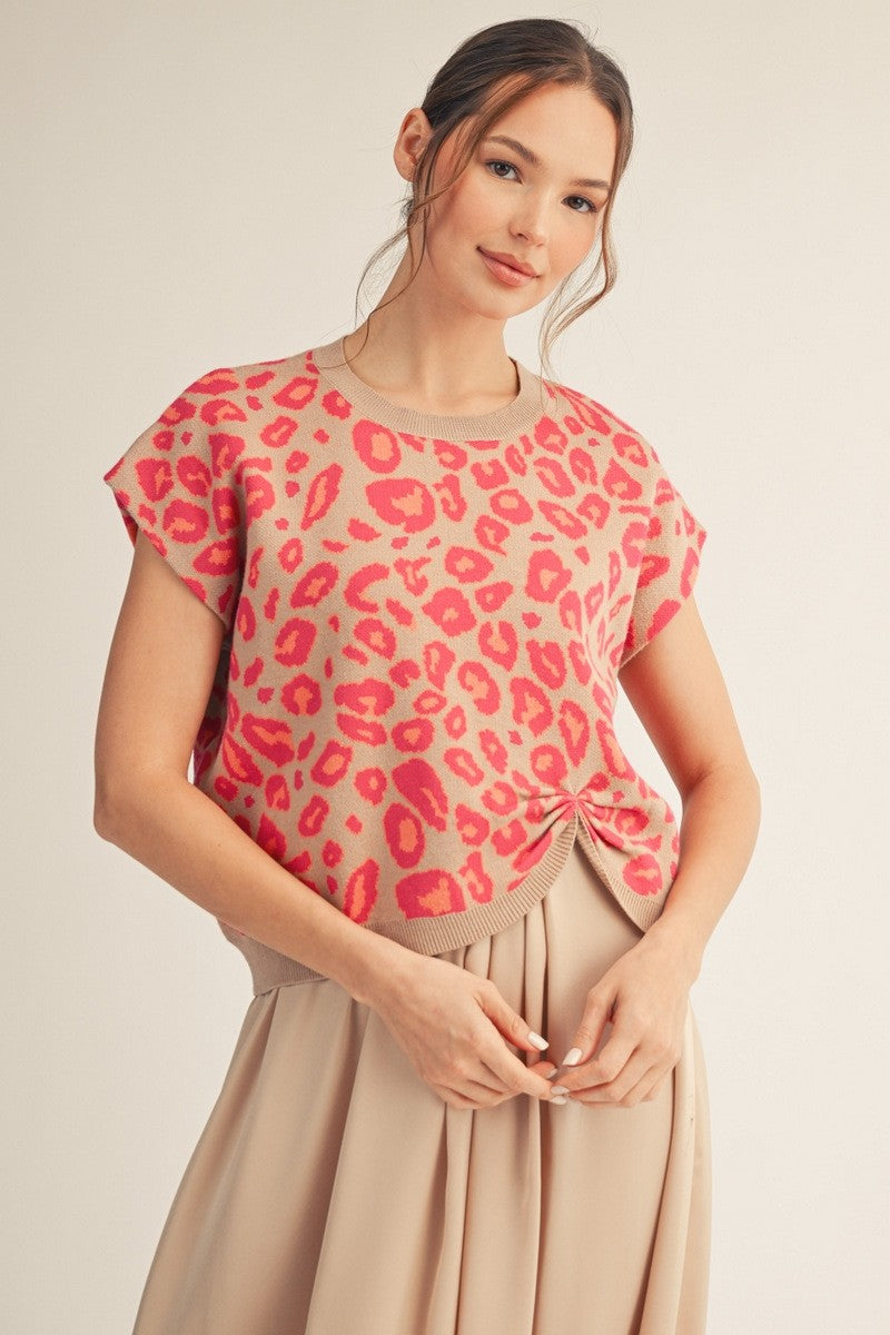 Jodifl Front Knot Accent Leopard Sweater Top-Hot Pink