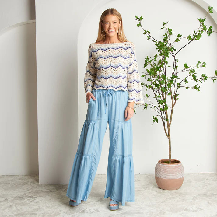 ELSIE & ZOEY  Delaney Wide Leg Tiered Drawstring Chambray Pants