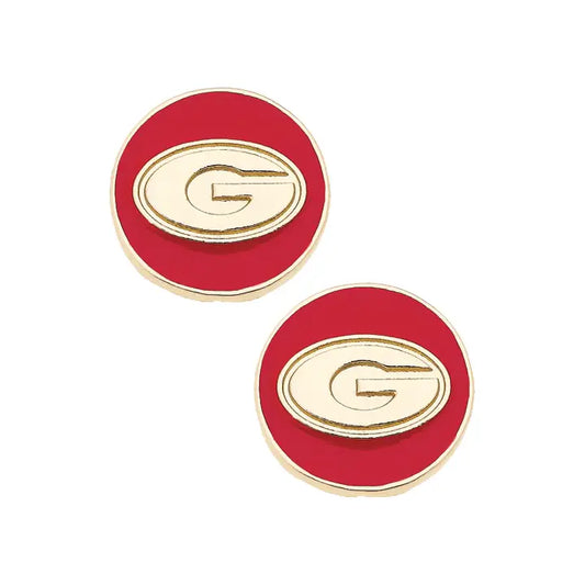 Canvas Style Georgia Bulldogs Logo Circle Stud Earrings in Red/Shiny Gold