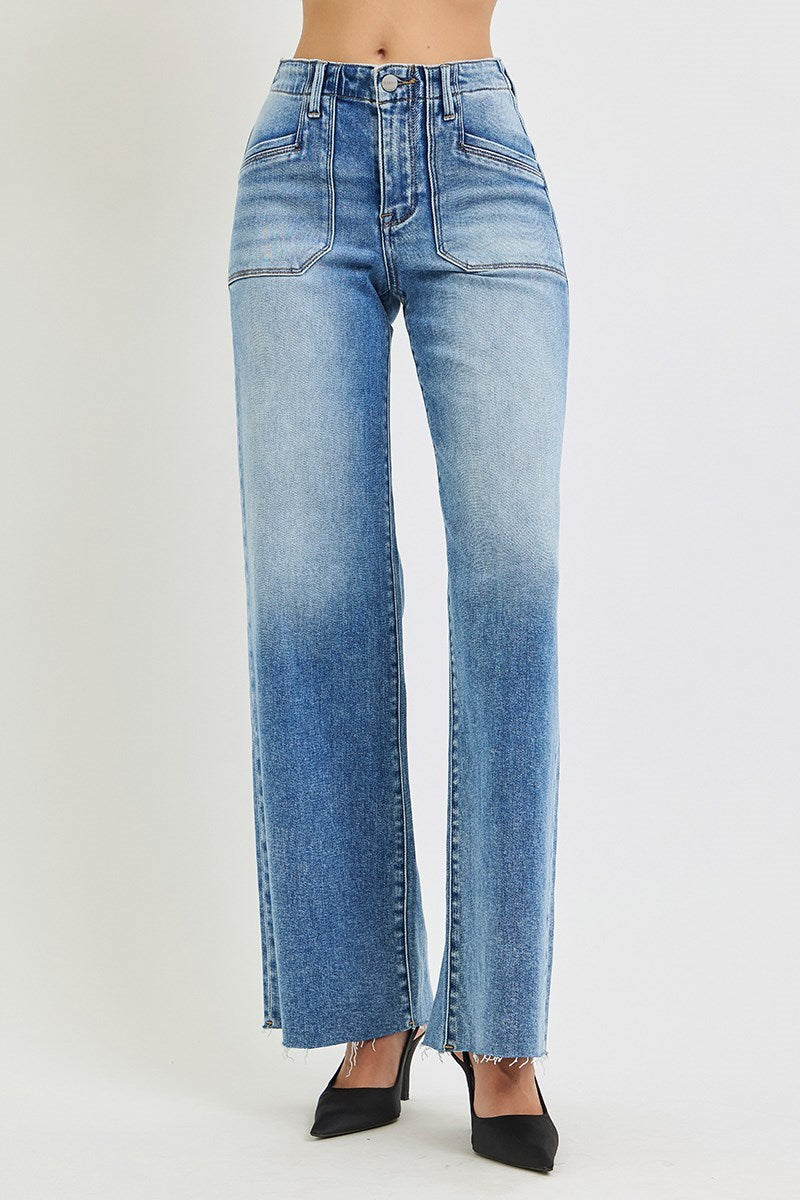 RISEN HIGH RISE WIDE LEG JEANS WITH FRONT PATCH POCKET DETAIL