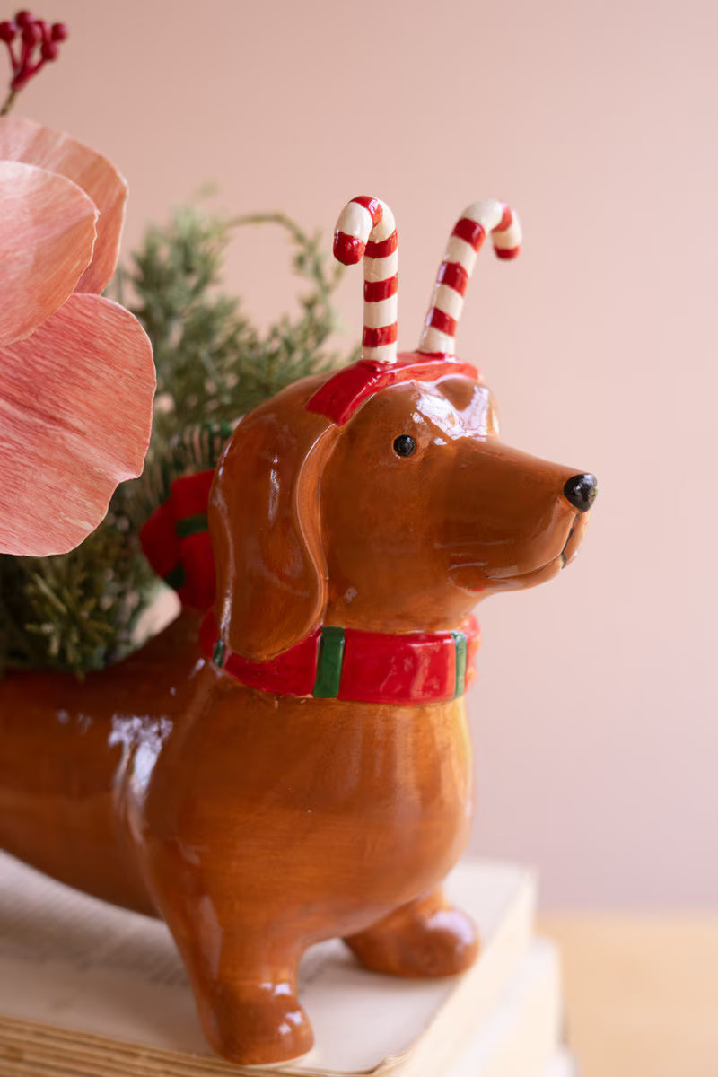 Kalalou Ceramic Christmas Dachshund Planter with a Candy Cane Headband