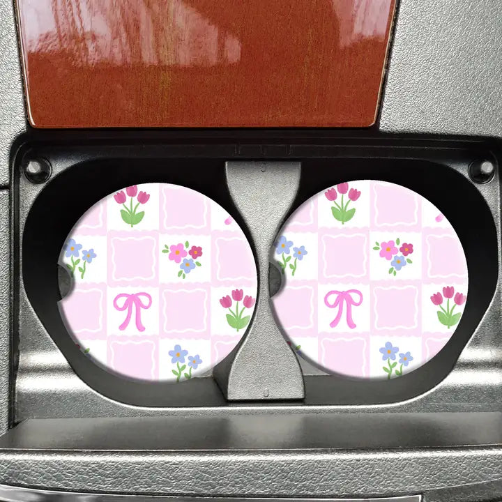 Mugsby Coquette Spring Squares Car Coasters, Girly Car Coaster, Bow