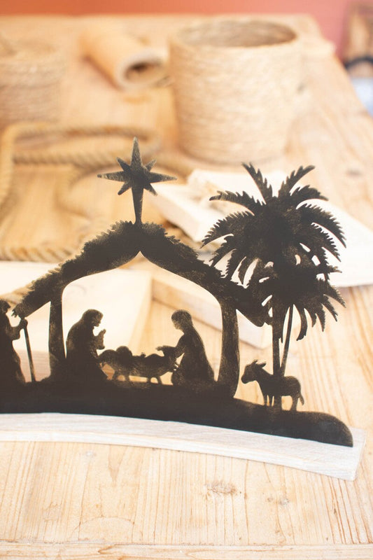 Kalalou Black Metal Nativity on a Curved White Wood Base