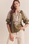Entro Embroidered Split Neck 3/4 Sleeve Top-Olive