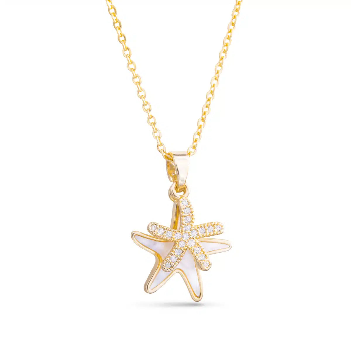 AMANDA BLU MOTHER OF PEARL AND CZ DOUBLE STARFISH NECKLACE – GOLD