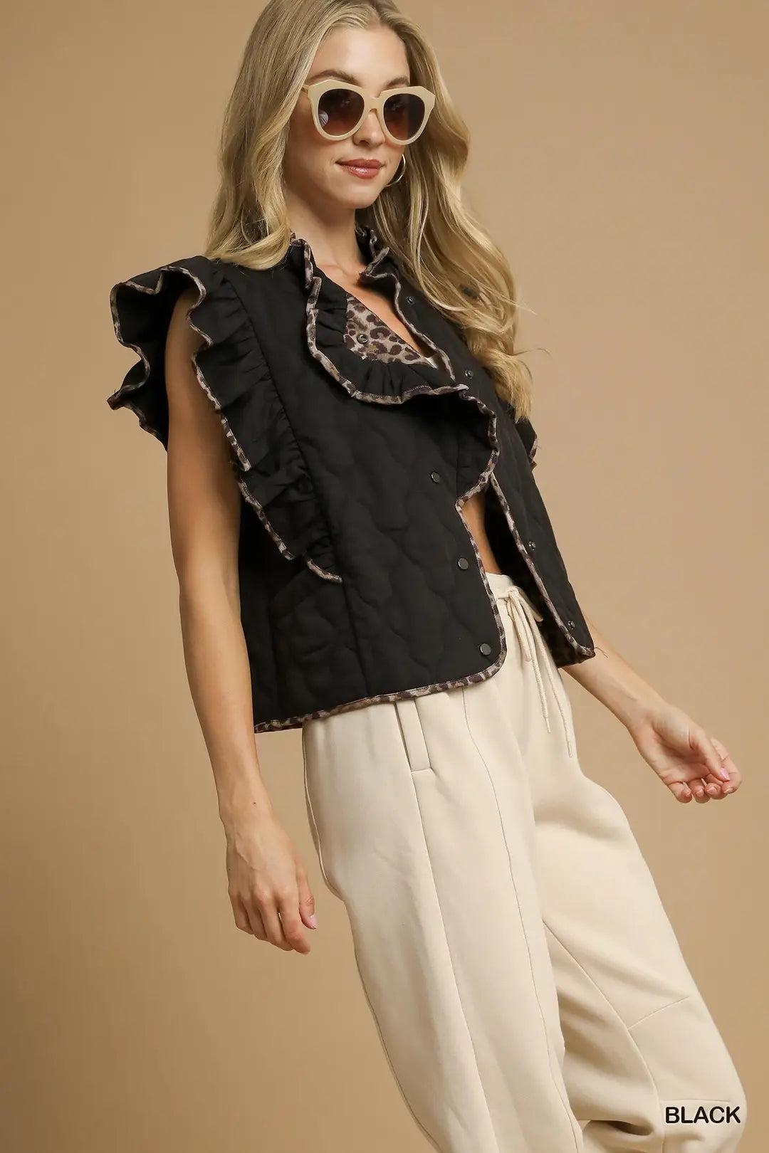 Umgee Quilted Ruffle Vest with Leopard Trim