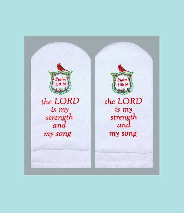 Standing on the Word Socks Cardinal Crest with Verse: Psalms 118:14 Lord,my strength & my song