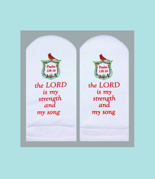 Standing on the Word Socks Cardinal Crest with Verse: Psalms 118:14 Lord,my strength & my song