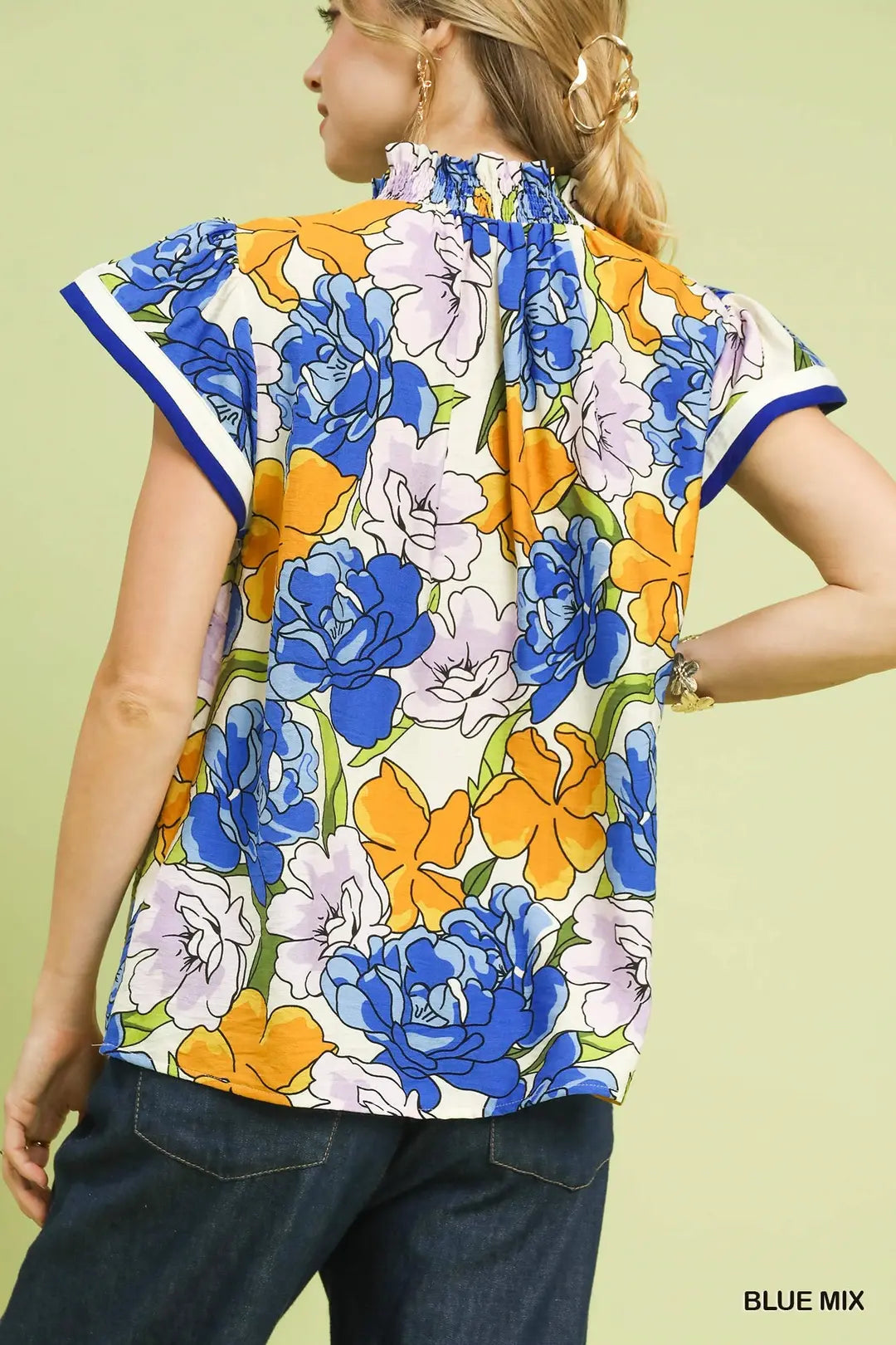 Umgee Floral Print Blouse with Contrast Trim-Blue Mix